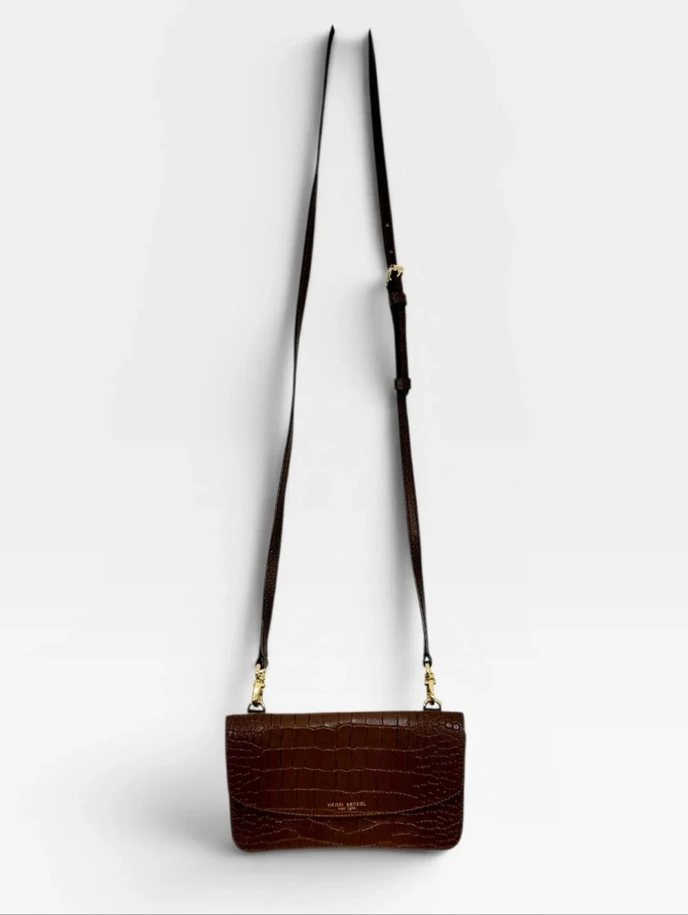 HENRI BENDEL New York Moc Croc Embossed Slim Chocolate Brown Crossbody Handbag